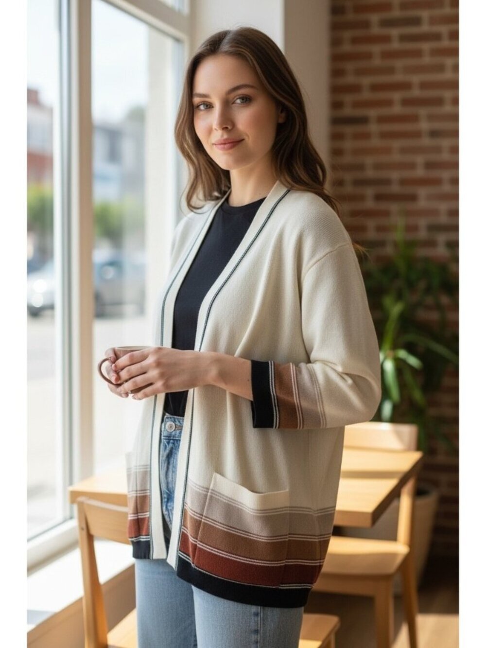 Vintage Sweater Girl California Cardigan Cream Stripe Open Front Knit Size M